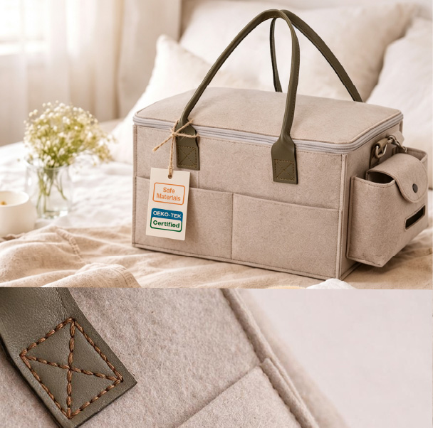 Mommy bag with OEKO-TEX certified material labels